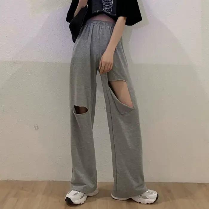 Pantalon Harajuku à jambes larges ajouré pour femmes, jogging, troué, Streetwear Chic, pantalon droi