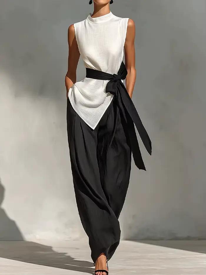 Nouvel ensemble deux pièces assorti pour femme, pull-over à col rond avec patchwork et laçage, tenue