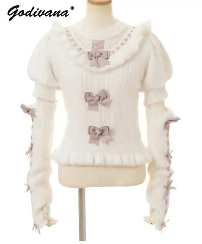 Style japonais mignon doux détachable nœud papillon fourrure manches longues mince pull automne et h