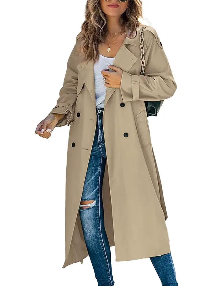 Trench-Coat Long à Double boutonnage pour femme, coupe-vent classique à revers, manches longues, par