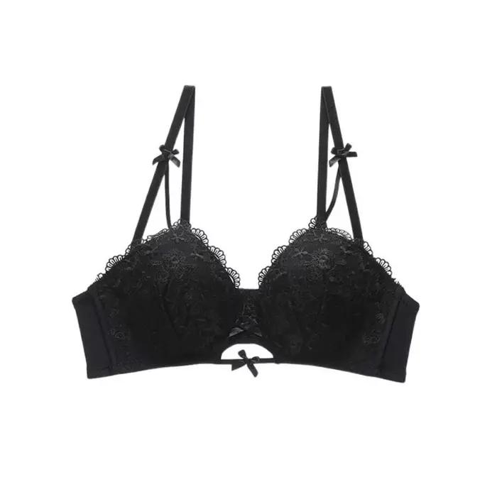 Soutien-gorge push-up en dentelle respirante à nœud papillon fin, décolleté plongeant réglable, ling