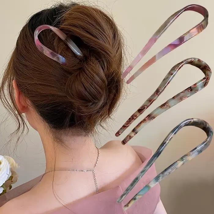 Bâtons de cheveux en forme de U, fourchette à cheveux en acétate acrylique, pinces à cheveux, nœud à