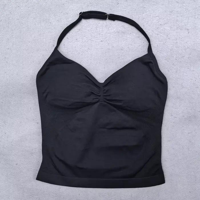 Ensemble de Yoga sans couture pour femmes, 2 pièces, débardeur rembourré, col licou, froissé, levage