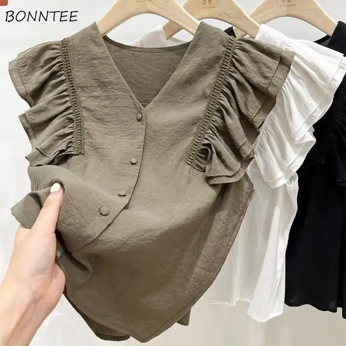Chemises à manches volantes pour femmes, style français, à volants, de niche, solide, tout assressen