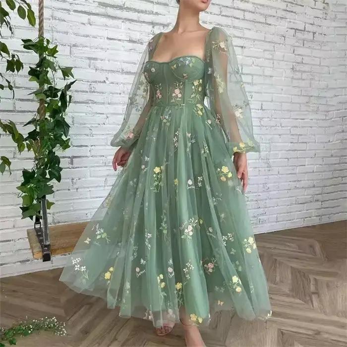 Robe princesse féerique en Tulle pour femmes, Maxi, Sexy, col bateau, manches longues bouffantes, ro