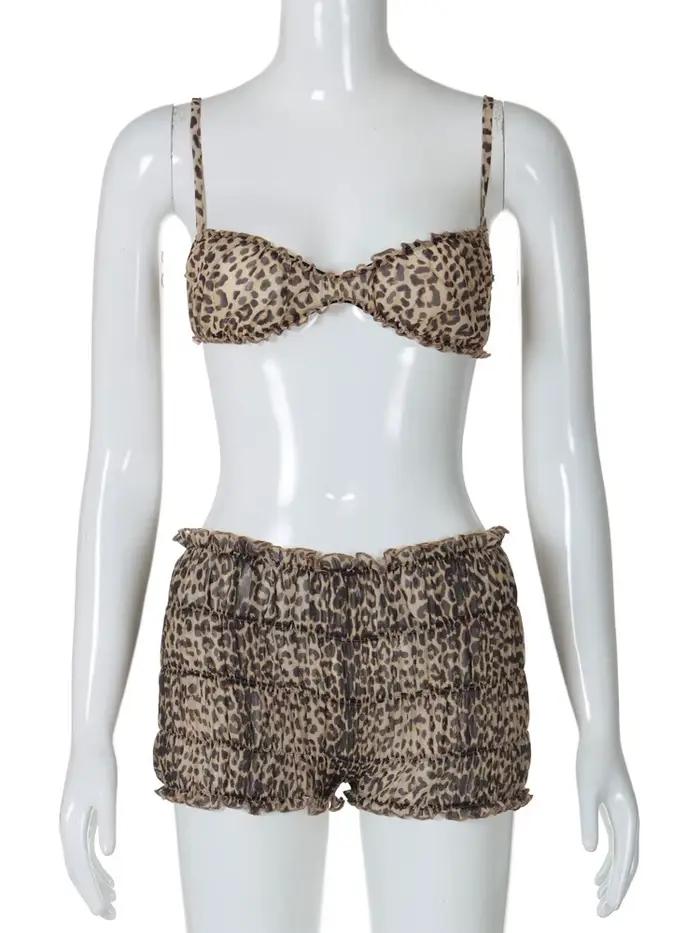 Ensemble sexy 2 pièces à volants imprimé léopard pour femme, soutien-gorge camis, culotte taille bas