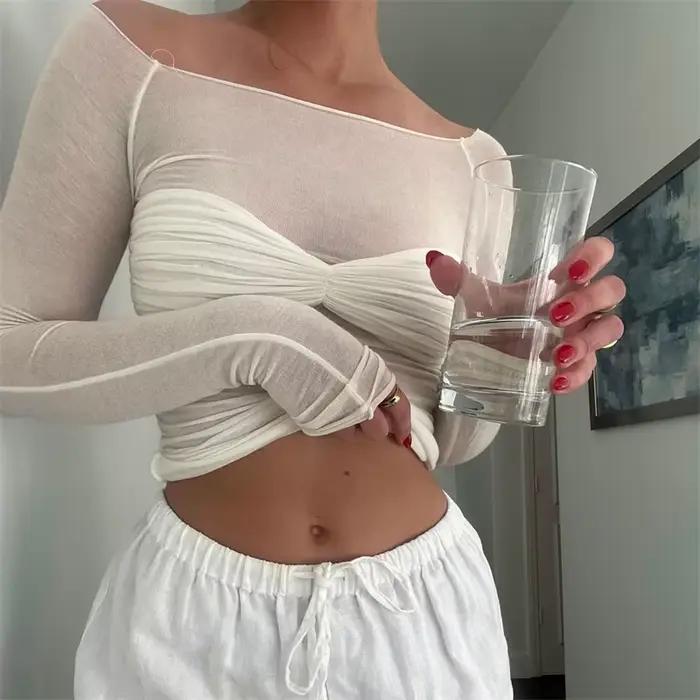 TARUXY-T-Shirt à Manches sulfen Dentelle Blanche pour Femme, Tricot Transparent, Été