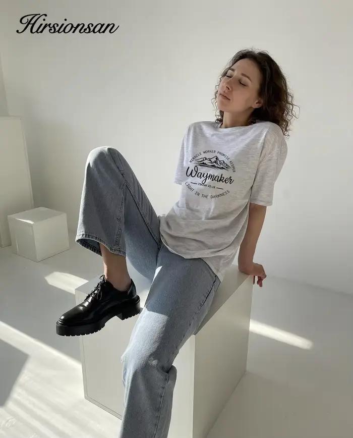 Hirsionsan-T-shirt col rond femme, 100% coton, imprimé montagne, vintage, décontracté, chic, été, 20