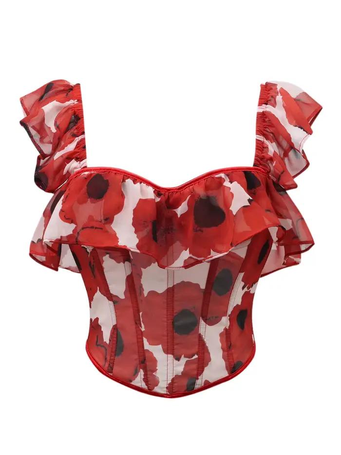 Corset floral rouge pour femme, décolleté cœur, manches à volants, dos lacé, style bustier gothique 