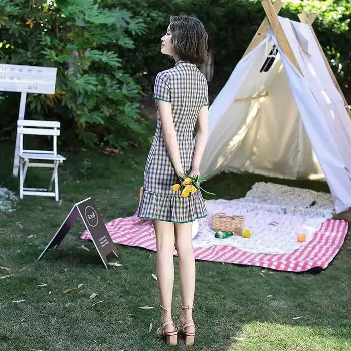 Qipao – robe à carreaux en coton pour femmes, motifs Vintage à rayures, tenue de soirée élégante, ét