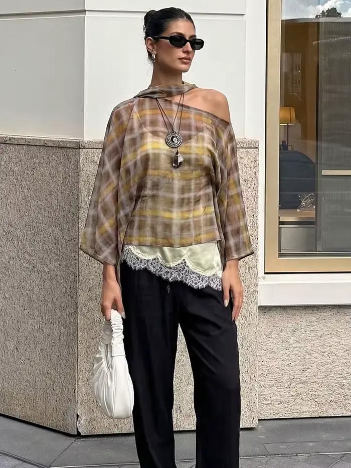 HH femmes mode Plaid imprimé Blouse Vintage décontracté ample asymétrique ourlet hauts avec écharpe 