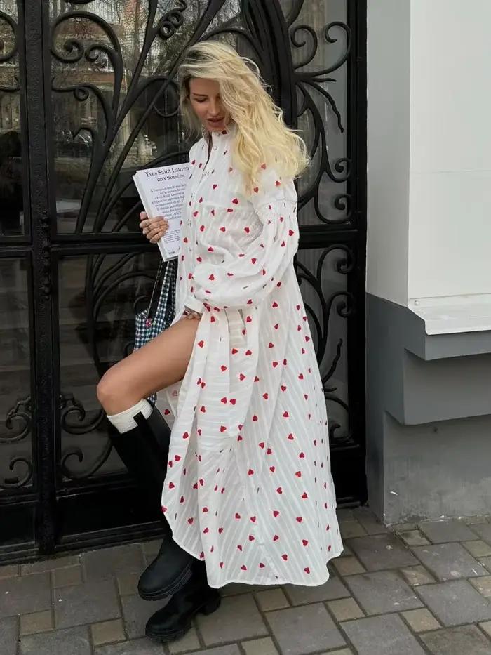 Bornladies-Robe Jacquard à manches longues pour femmes, 100% coton, imprimé cœur, mode éducative, vi