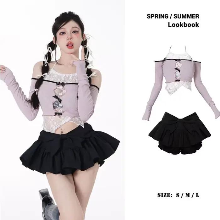 Coréen Sexy dentelle fille chaude printemps deux pièces ensemble femmes 2025 Vintage manches longues