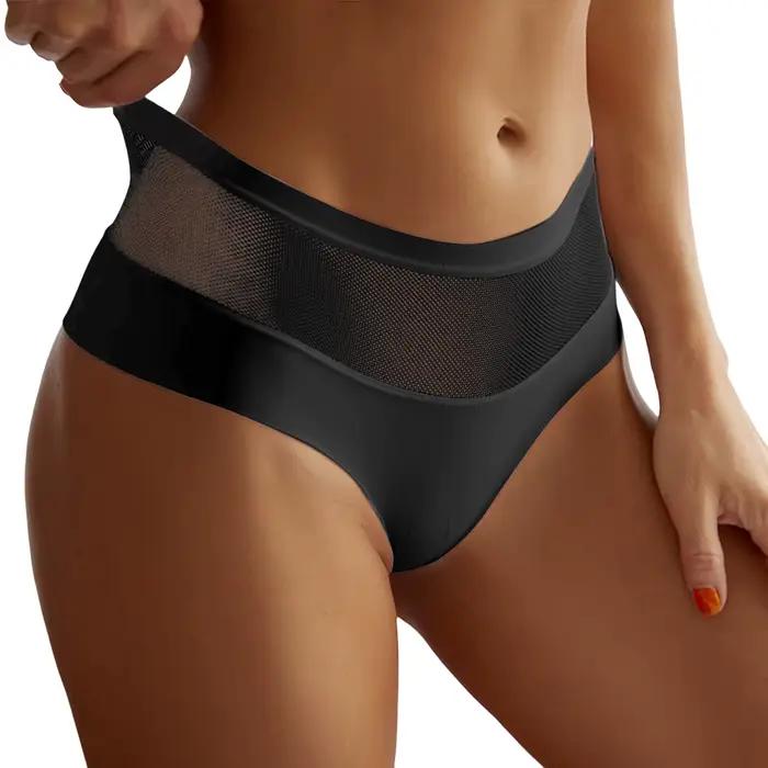 Culottes sexy pour femmes, lingerie en dentelle résille transparente, culottes taille haute évidées,