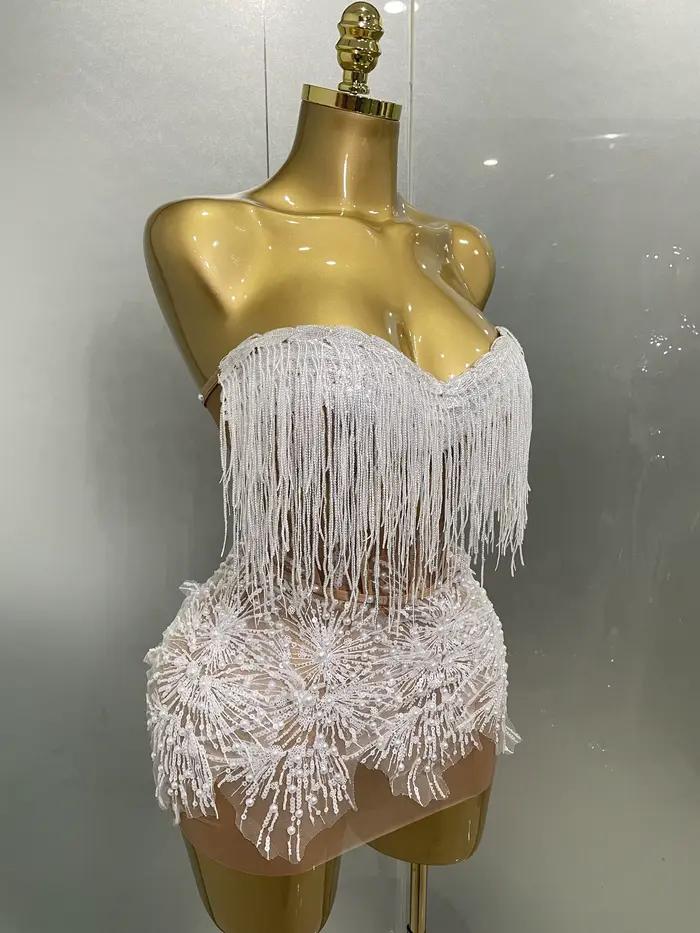 2025 Sexy perle paillettes gland sans manches paillettes Mini robe femmes chanteur Bar discothèque s