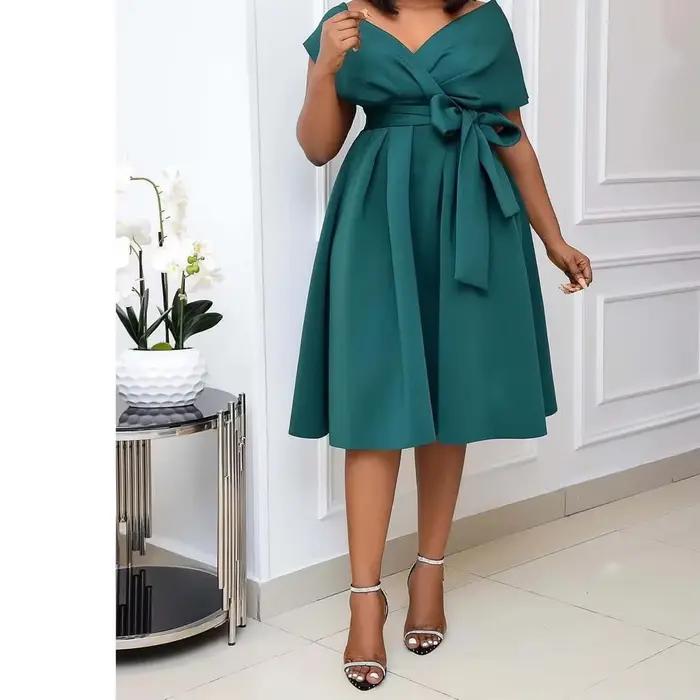 Robe de soirée élégante pour femme, col en V, manches courtes, épaules dénudées, à lacets, nœud, tai