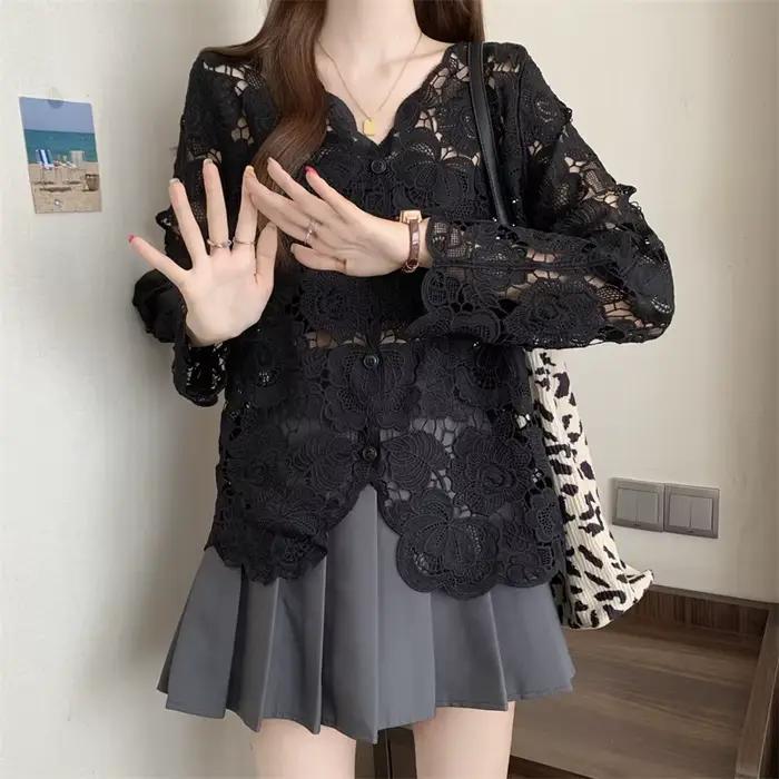 Boring Honey grande taille dentelle Crochet évider col en v chemise à manches longues femmes à la mo