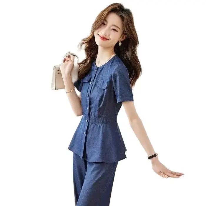 Ensemble en Jean à Manches Courtes pour Femme, Chemise en Denim et Pantalon Droit, Cardigan à la Mod