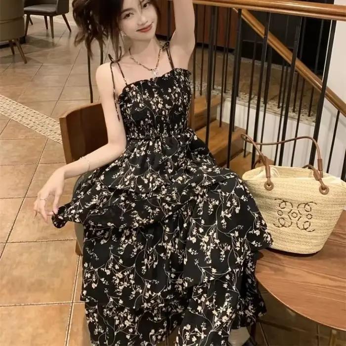 Robes mi-longues sans manches pour femmes, imprimé Floral, conçu français élégant, douce fille féeri
