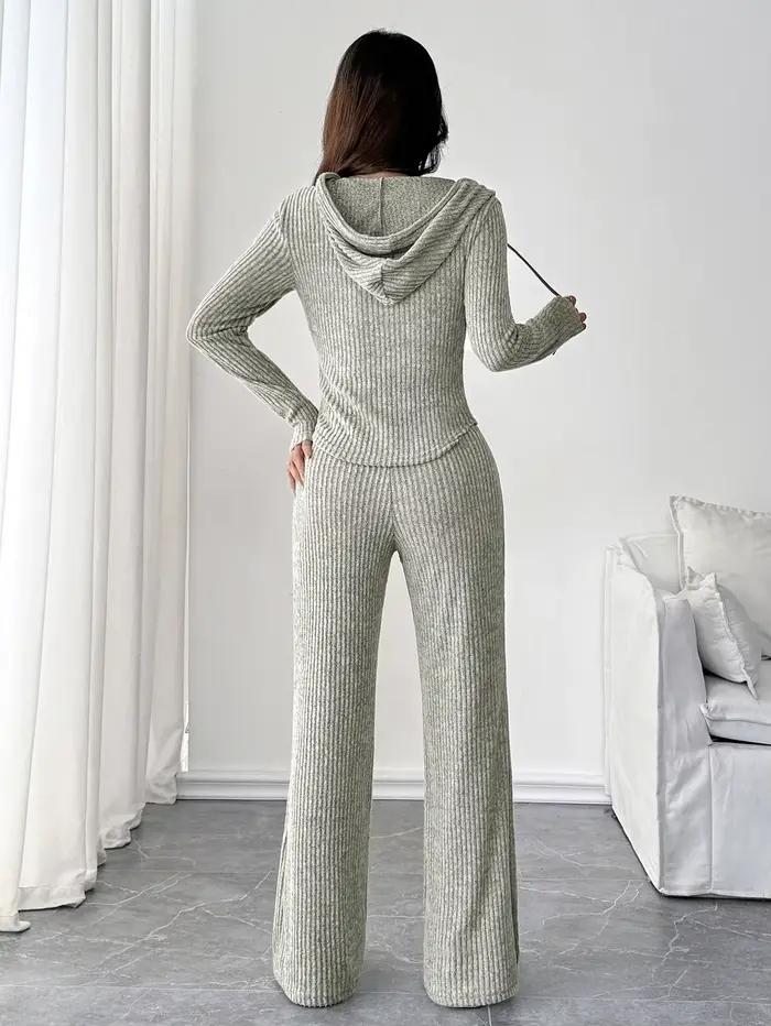 Ensemble haut à capuche et pantalon évasé ample pour femmes, couleur unie, à la mode, décontracté, à