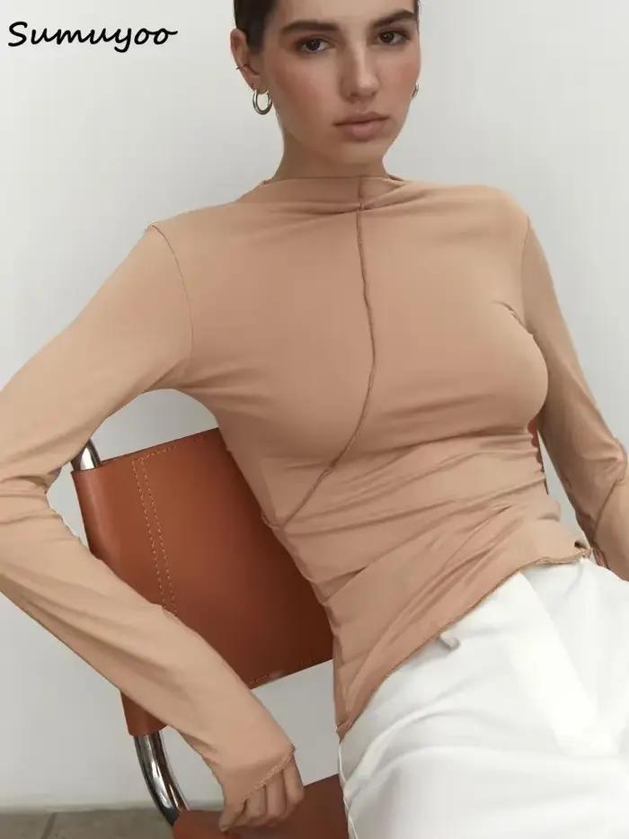 Summkoo-T-shirt Slim Fit à manches longues pour femmes, Économie Streetwear basiques, Demi-col roulé