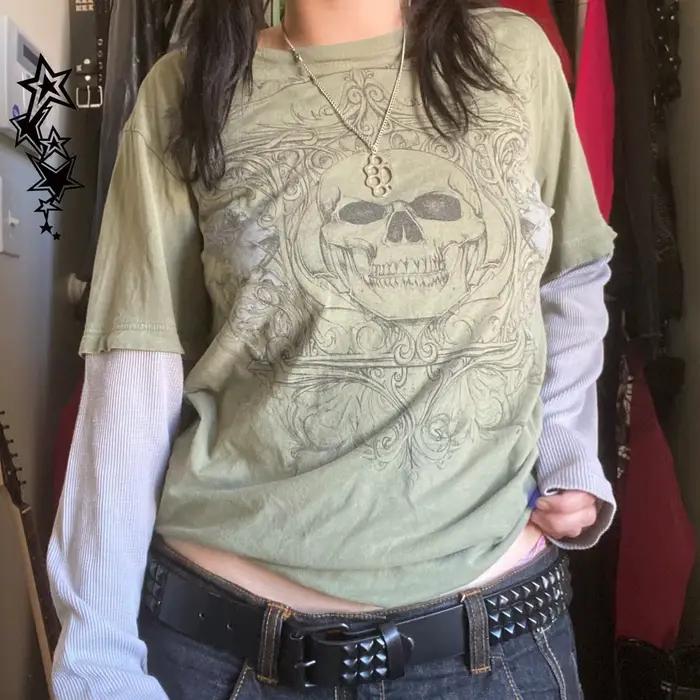 T-shirt à manches longues imprimé crâne graphique vintage, Y2K Cyber Aesthetic, Y-Patchwork Tee, Got