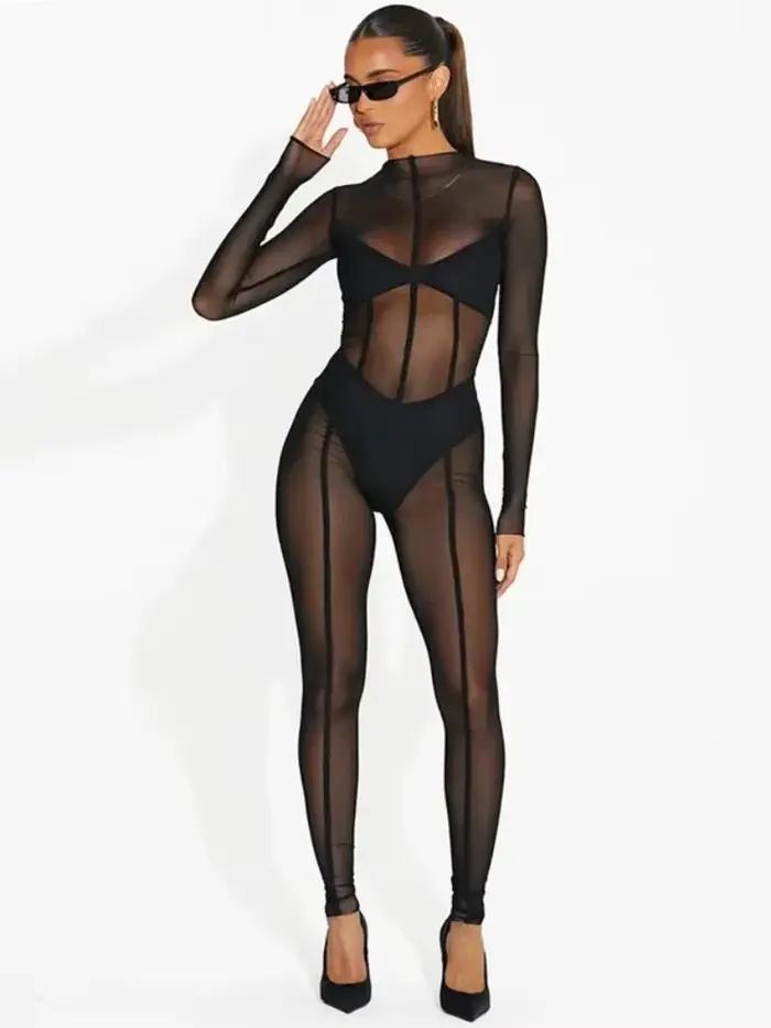 Combinaisons noires pour femmes maille voir à travers les salopette moulante barboteuse une pièce te