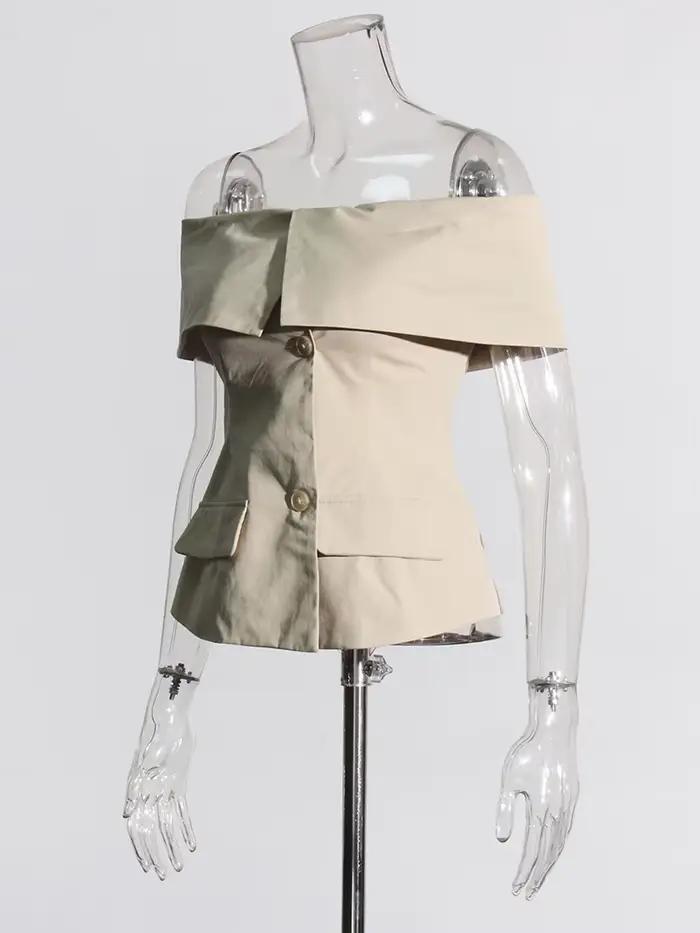 TWOTWurea YLE-Veste à Simple Boutonnage pour Femme, Patchwork Solide, Col Slash, Manches Courtes, Ma