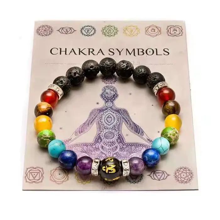 Bracelet 7 chakras avec carte de signification pour hommes et femmes, cristal naturel, guérison, anxiété, bijoux Mandala, Yoga, méditation, cadeau