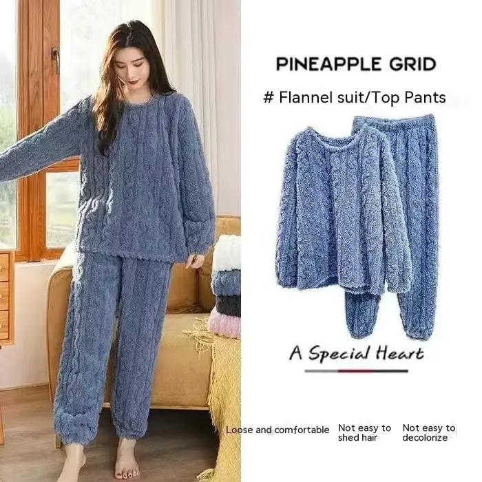 Ensemble pyjama épais et chaud en polaire de corail pour femme, vêtements de maison imprimés de dessins animés, vêtements de nu