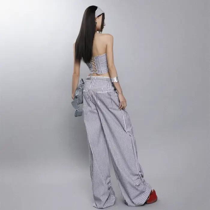 Débardeur enveloppant en forme de cœur pour femmes, pantalon Long ample et décontracté, costume rayé, nouvelle collection été