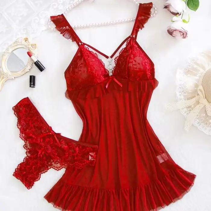 Nouvel ensemble de lingerie rouge sexy 2026 pour femme, robe nuisette décolletée en V profond, string, ensembles soutien-gorge et culotte érotiques, nuisette en dentelle, chemise de nuit douce, pyjama