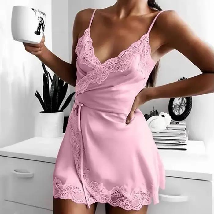 Chemise de nuit femme été dames confort lingerie sexy vêtements de nuit soie Satin dentelle Mini pyjama ensembles sexy adulte robe chemise de nuit