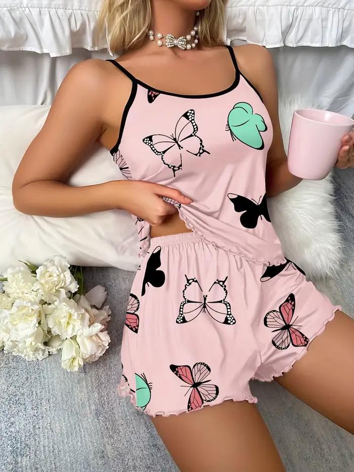 Ensemble pyjama imprimé papillon, garniture de laitue, haut caraco, ceinture élastique, short, vêtements de nuit pour femmes, vêtements de détente