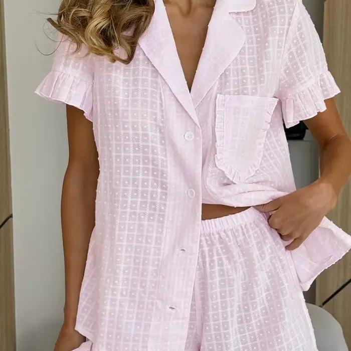 Ensemble pyjama deux pièces en coton jacquard à carreaux roses avec short à volants, chemises à manches courtes à poches et pantalon court à carreaux pour femme, tenue de détente