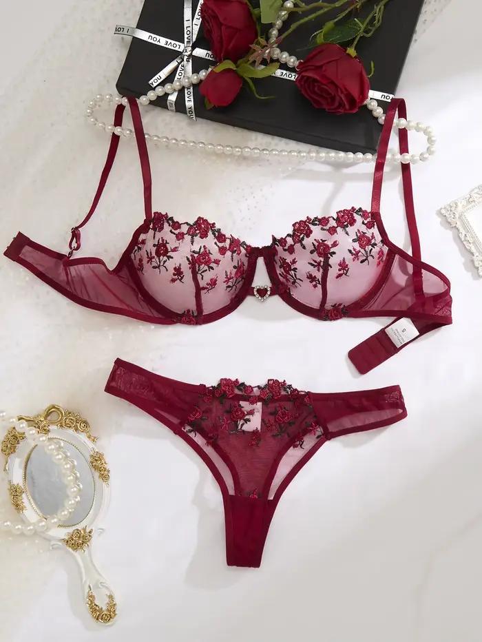 Ensemble de lingerie vintage français brodé de roses rouge vin - soutien-gorge en résille + T-shirt - lingerie féminine sexy et sensuelle ZA824026