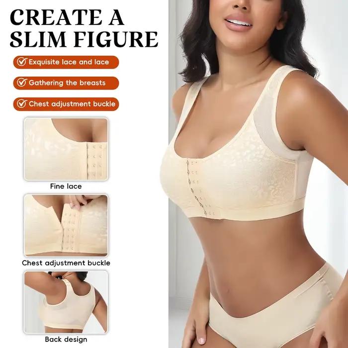 Soutien-gorge sans armatures à fermeture avant en dentelle pour femme, avec larges bretelles de maintien, effet push-up et galbant, boucle réglable, respirant, lingerie sculptante