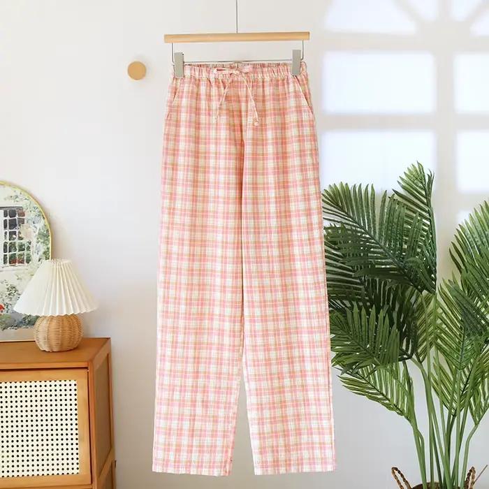 Pyjama en pur coton pour dormir, vêtements de nuit pour femme, vêtements de chambre, printemps et été, nouveau pantalon ample à carreaux, bas de pyjama