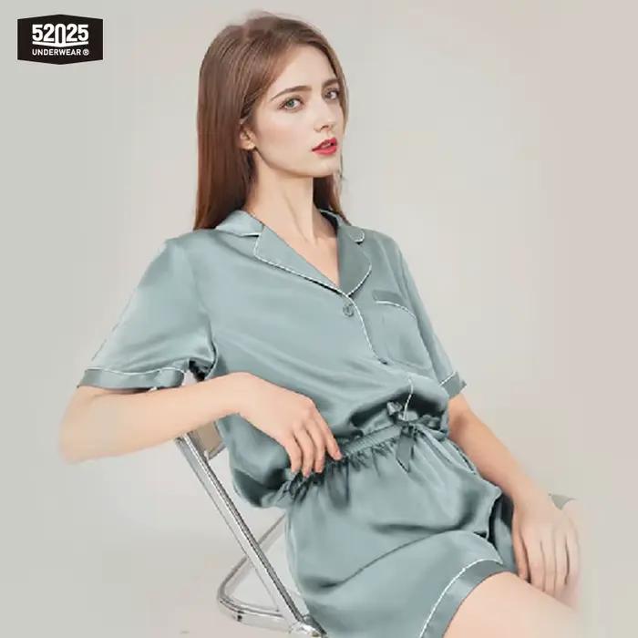 Ensemble de pyjama en soie pour femme 52025 – 100 % soie de mûrier, manches courtes et short, confort élégant, style intemporel, luxe sans effort
