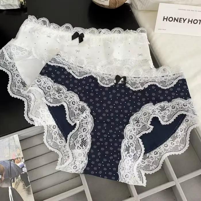 Culottes en dentelle taille moyenne pour femme, motif tulipe et nœud, sous-vêtements en coton à pois, à carreaux et floraux
