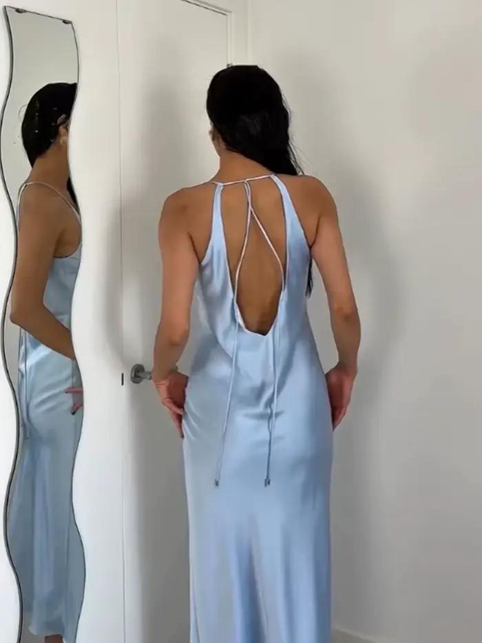 Robe en polyester sexy et chic col en V sans manches longueur cheville pour femmes occasions spéciales printemps été
