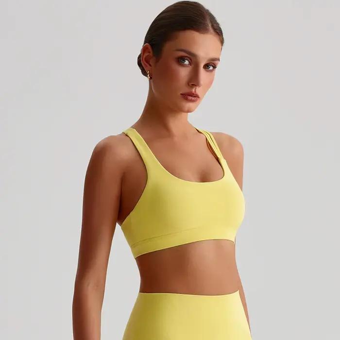Soutien-gorge de Sport pour femmes, couleur unie, dos croisé, haute résistance, haut moulant, entraînement complet, sous-vêtements de Yoga avec coussinet de poitrine