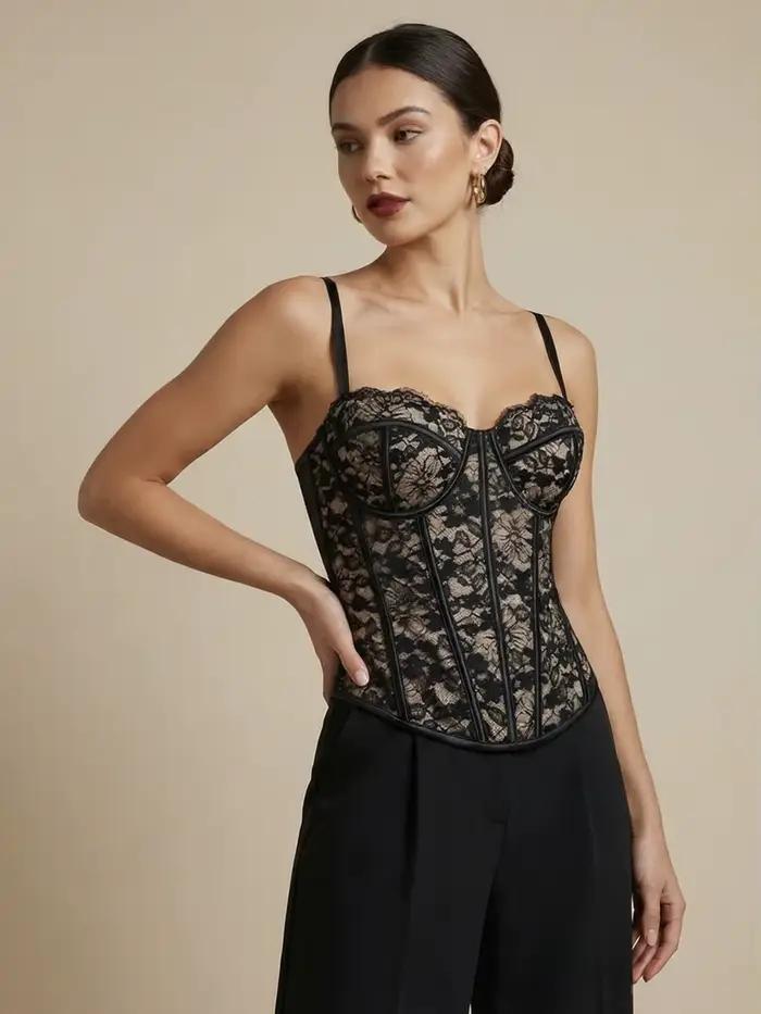 Camisole en dentelle noire sexy, forme rétro, corset à armatures, haut de corset, corset pour femme, hauts de corset pour femmes