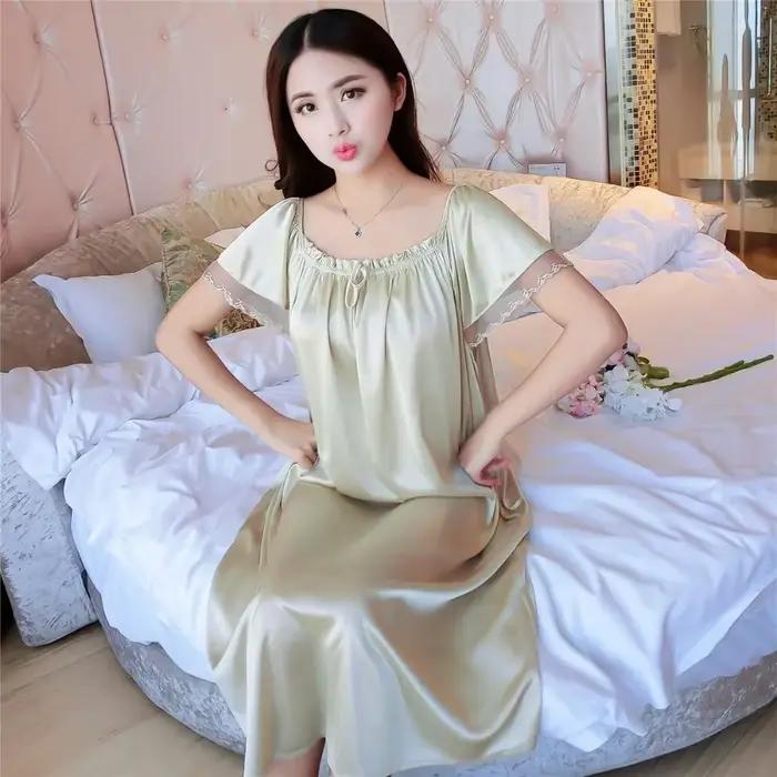 Femmes Sexy chemises de nuit 2025 été dames à manches courtes vêtements de nuit col rond Lingerie fausse soie Satin pour sous-vêtements féminins à la maison