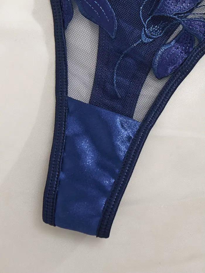 Ensemble de lingerie brodée Lys Bleu Style Luxe - Soutien-gorge en résille transparente - Lingerie féminine élégante rétro française ZA824031
