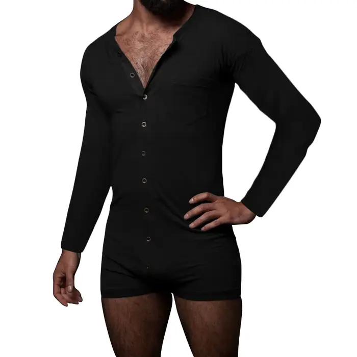 Barboteuse pyjama pour hommes, couleur unie, col rond, manches longues, boutons, combinaisons, vêtements de maison, respirant, fin, 2025