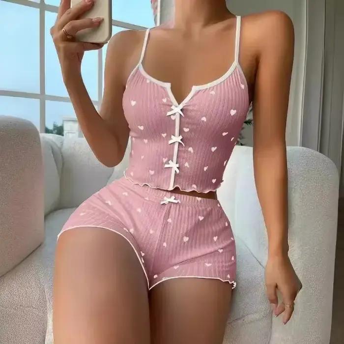Ensemble haut et short à imprimé cœur pour femmes, vêtements de nuit, pyjamas, lingerie sexy, col en V, fibre, camisole décontractée, vêtements de détente