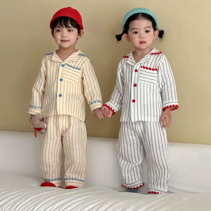 Ensemble de pyjama pour enfants de 1 à 8 ans, en coton pur et lin, pyjama doux en coton pour garçons, pyjama rayé pour filles, vêtements de nuit pour enfants, tenue d'intérieur