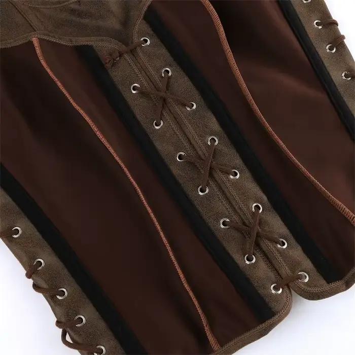 Gilet Corset Marron Style Vintage Steampunk pour Femme, Haut Médiéval Renaissance à Lacets