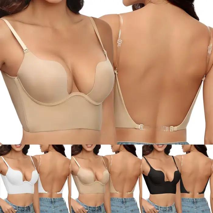Soutien-Gorge Invisible avec Bretelles Transparentes pour Femme, Sous-Vêtement Sexy à Décolmétrage Plongeant en U Profond, Haut Dos aux, Lingerie de Mariage, Push Up